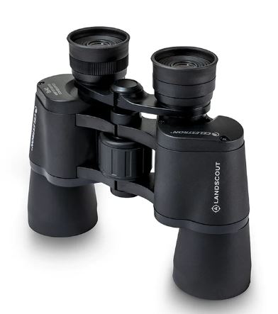 Celestron Porro prism binoculars with folding eyecups.