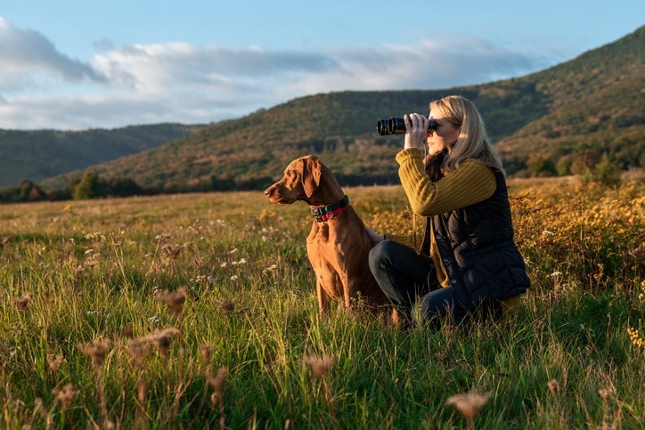 Female birdwatcher birding on a hill with her dog in the morning